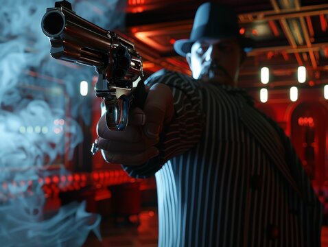 Gangster, pinstripe suit, holding a vintage revolver, in a smokefilled noir nightclub 3D Render, Silhouette lighting, Chromatic Aberration, Pointofview shot