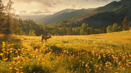 Golden Sunlit Mountain Meadow with Grazing Deer