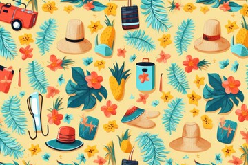 Watercolor seamless Illustration of summer with various types of different fruits, flowers, concept of the arrival and onset of summer. Concept for wrapped cover paper - obrazy, fototapety, plakaty