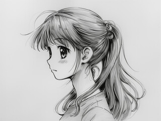 pencil sketch of a cute girl with long hair, Generative AI