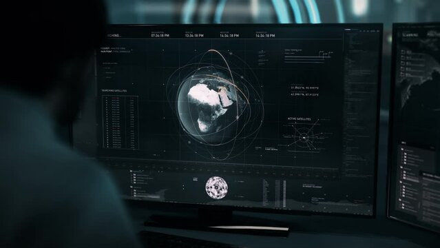 Futuristic Location Tracking Interface Used In Spy Surveillance Mission. Future Spy Satellite Surveillance Network Interface Scans Position Coordinated Data. Futuristic Spy Software Interface Tech.