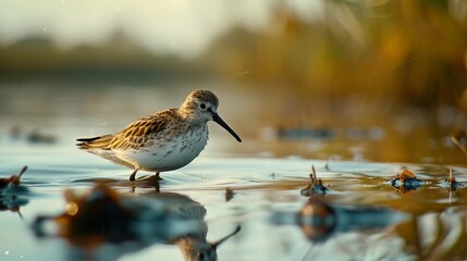 Unique Spoon-Billed Sandpiper in Shallow Water - obrazy, fototapety, plakaty
