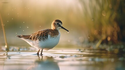 Unique Spoon-Billed Sandpiper in Shallow Water - obrazy, fototapety, plakaty