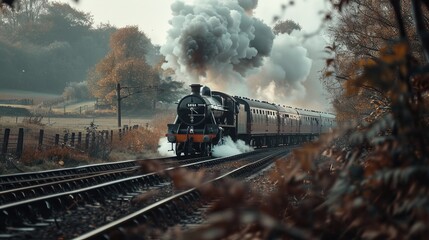 Fototapeta premium Vintage Steam Locomotive on Railway Track