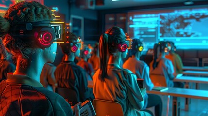 Human students, translator device, studying at an alien university, absorbing knowledge in holographic classrooms Photography, backlights, HDR, Highangle view - obrazy, fototapety, plakaty