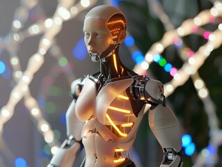Humanoid figure, part robot with digital skin grafts, showcasing advanced gene editing, in a laboratory setting surrounded by holographic DNA strands 3D render, backlighting, chromatic aberration - obrazy, fototapety, plakaty