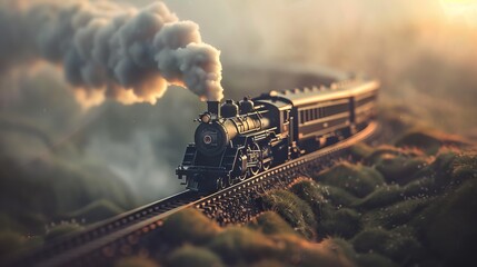 Vintage Steam Locomotive on Railway Track - obrazy, fototapety, plakaty