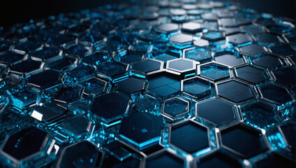 Contemporary abstract technology background featuring a grid of blue hexagons, reminiscent of digital circuitry.