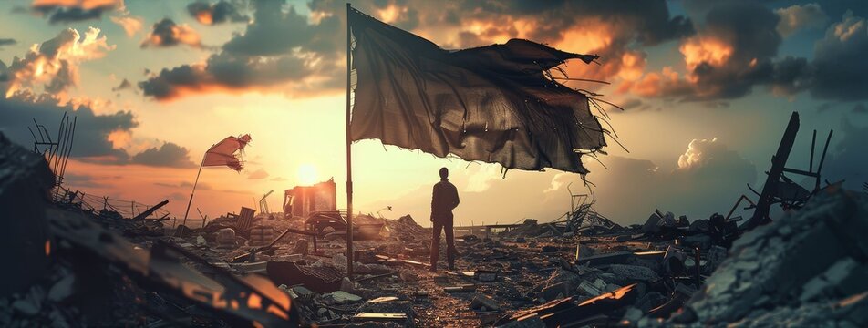 Human spirit, tattered flag, hopeful, standing tall amidst the rubble of a destroyed society, rebuilding and planting seeds of hope, realistic image, Backlights lighting