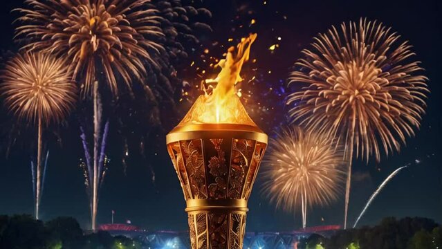 Torch with fire, symbol of the Olympics, fireworks