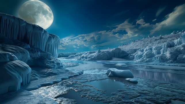 Ice, frozen tears glistening under ethereal moonlight, a forlorn beauty encapsulated in an icy landscape of solitude and contemplation 3D render, Silhouette lighting, HDR, Highangle view