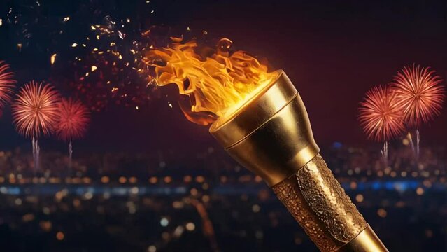Torch with fire, symbol of the Olympics, fireworks