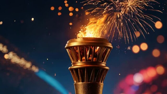 Torch with fire, symbol of the Olympics, fireworks