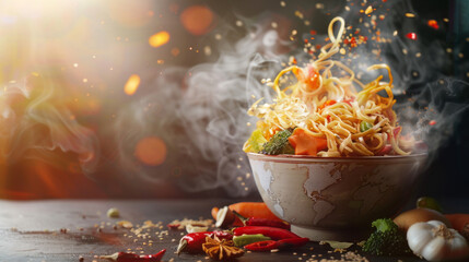 Professional Stock Photography Style Double exposure of a steaming bowl of noodles with vegetables and spices transforming into a world map,