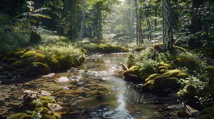 Serene Stream in Sun-Dappled Forest