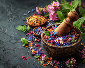 A weathered mortar and pestle filled with colorful botanical ingredients, symbolizing the historical roots of drug discovery from natural sources Space for text or title