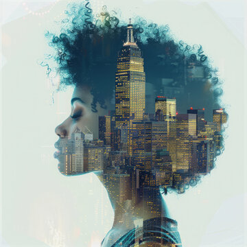 Black woman with an afro and buildings floating around her head, double exposure photography, surrealistic illustration in the style of sky blue and gray tones, high resolution
