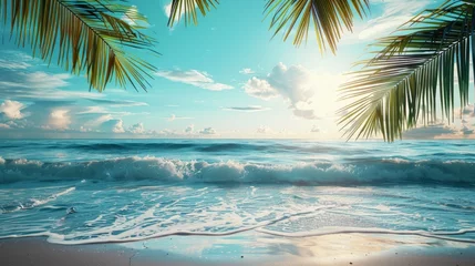 Rolgordijnen Tropical beach with palm trees and ocean waves © sri