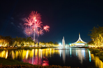 Suan Luang Rama IX Park. With decorative lighting Twilight time and fireworks