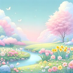 A peaceful springtime scene with blooming flowers and pastel colors creating a soft, enchanting atmosphere.
