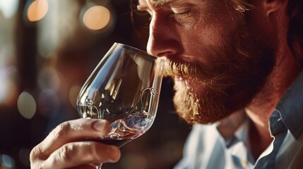 Skilled wine taster evaluating wine