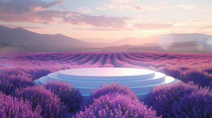 Futuristic circular building amidst lavender fields