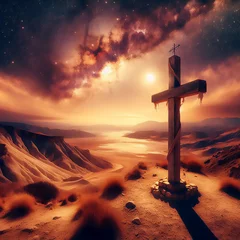 Fototapeten Christian cross in dramatic surreal mountain desert landscape with sky phenomenon © kathleenmadeline