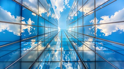 Reflective skyscraper facade with sky and clouds