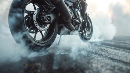 biker staying on bike on road with smoke of the tire, burn out in the moto show