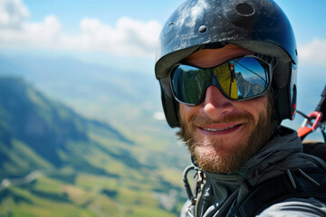 Close-up portrait of man adventurous paragliding flying in air over green mountains - 783898405