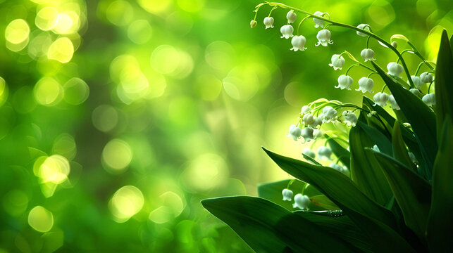 Banner photo of lily of the valley in a garden, copy space