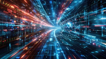 Fototapeta na wymiar High-speed data tunnel in cyberspace - An electrifyingly fast data stream rushing through a futuristic tunnel in a cybernetic landscape