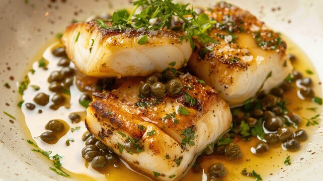 Golden seared scallops with capers in sauce - Close-up of golden seared scallops embellished with capers and a rich buttery sauce on a white dish