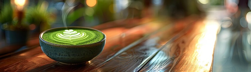 A cup of matcha green tea on a wooden table. The tea is steaming and there is a latte art design on the surface.