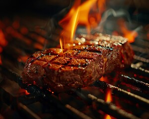 A juicy steak sizzling on the grill with flames leaping up around it.