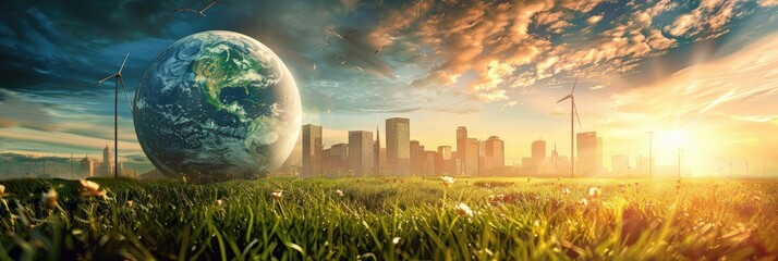 Globe in a field with cityscape and wind farm - A thought-provoking juxtaposition of a large globe in a grassy field against a city skyline with wind turbines at sunset