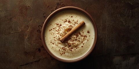 A bowl of creamy rice pudding sprinkled with cinnamon. - obrazy, fototapety, plakaty