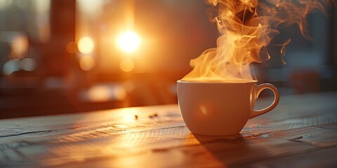 Cup of coffee with steam rising in the morning light - obrazy, fototapety, plakaty