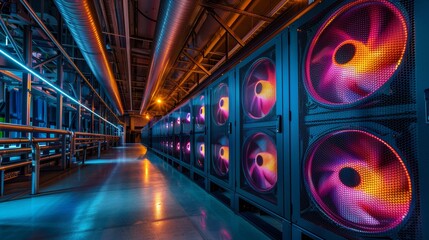 Sets of cooling towers in data center building.