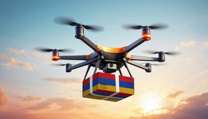 A drone delivers a box with a Armenia flag. The concept of delivering goods, food from stores to the client’s home in the Armenia.