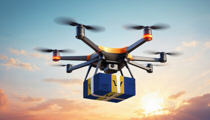 A drone delivers a box with a Barbados flag. The concept of delivering goods, food from stores to the client’s home in the Barbados.