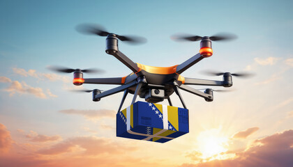 A drone delivers a box with a Bosnia and Herzegovina flag. The concept of delivering goods, food from stores to the client’s home in the Bosnia and Herzegovina. - obrazy, fototapety, plakaty