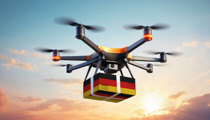A drone delivers a box with a Germany flag. The concept of delivering goods, food from stores to the client’s home in the Germany.