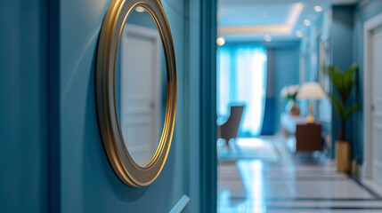 Detail shot of a decorative wall mirror in a hallway, modern interior design, scandinavian style hyperrealistic photography