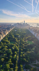 Contrails over the ocean guide eyes to NYC where 5th Ave slices a vertical path through green merging woodlands with urbanity