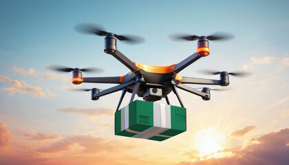 A drone delivers a box with a Nigeria flag. The concept of delivering goods, food from stores to the client’s home in the Nigeria.
