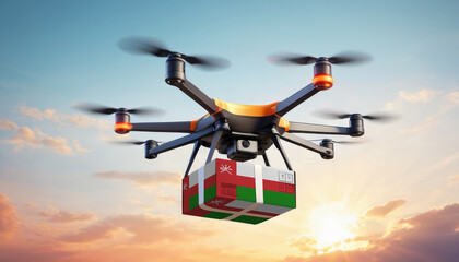 A drone delivers a box with a Oman flag. The concept of delivering goods, food from stores to the client’s home in the Oman.