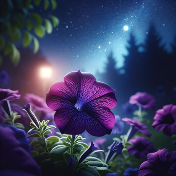 Purple white spotted petunia night sky flower, close-up photo