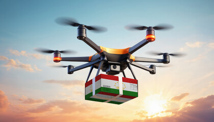 A drone delivers a box with a Tajikistan flag. The concept of delivering goods, food from stores to the client’s home in the Tajikistan.