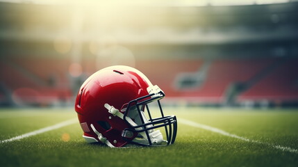 Sports equipment Red football helmet resting on stadium grass
